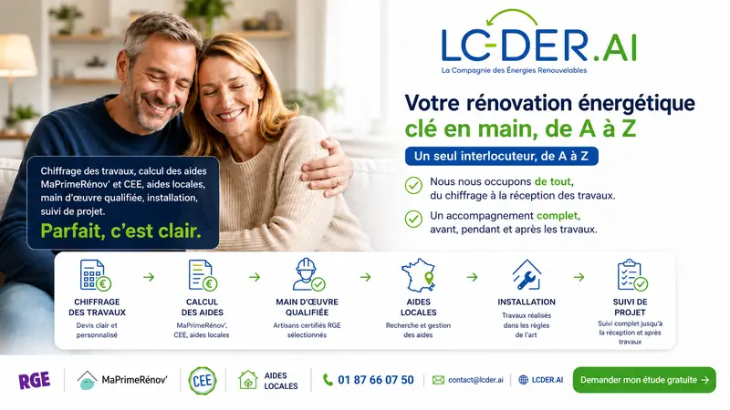 Conseiller LCDER présentant un projet de rénovation énergétique à une famille dans une maison, avec aides MaPrimeRénov', CEE, installation et suivi.