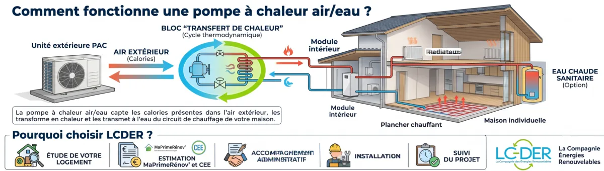 Schéma de fonctionnement d'une pompe à chaleur air/eau avec unité extérieure, transfert de chaleur, module intérieur, radiateurs, plancher chauffant et eau chaude sanitaire